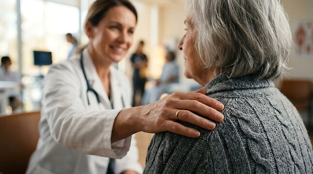 Doctor comforting senior patient. Compassionate physician supporting elderly woman in clinic.