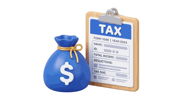Vector illustration of 3d illustration of a money bag and a tax form on a clipboard on a transparent background