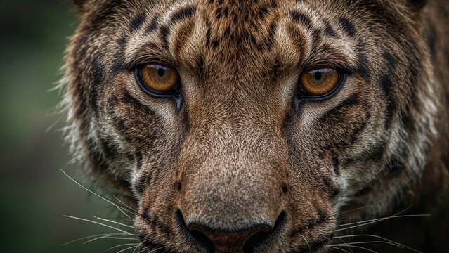 Close-up of a big cat's face with intense amber eyes and detailed fur.