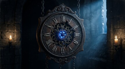 Fototapeta premium Large hanging antique clock with glowing blue core in dark chamber