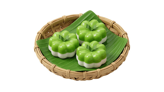 Vector illustration of traditional indonesian kue talam pandan dessert served on a woven basket on a transparent background