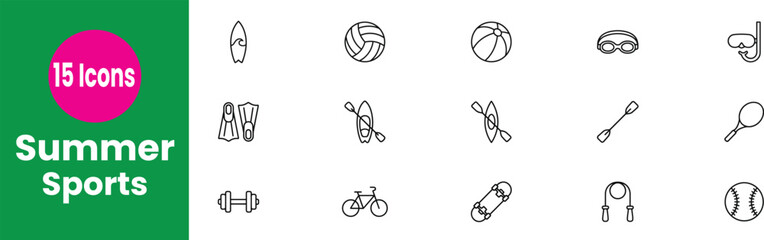 Collection Of Summer Sports Icons Linear Style On White Background outline sporting goods recreation leisure © Saim