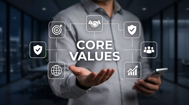 Businessman holding smartphone presenting floating corporate core values icons