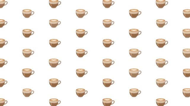 Seamless coffee cup pattern with brown cafe beverages on white background