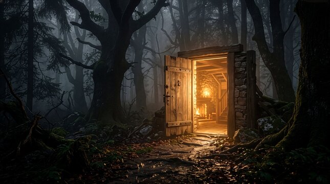 Glowing wooden door in a dark forest. Magical portal entrance in a mysterious woodland.