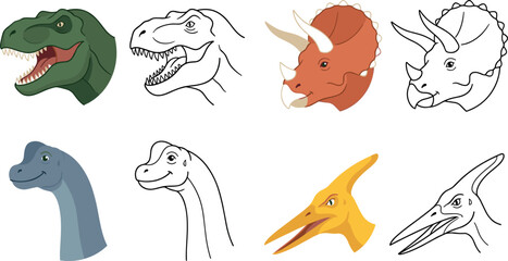 Dinosaur Head Vector Illustration Set Featuring Tyrannosaur, Triceratops, Long Neck Sauropod and Flying Reptile Line Art and Colored Character Collection © Danial