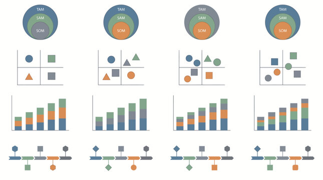 Business charts displaying circular diagrams, scatter plots, stacked columns, and timeline graphs illustrate analytical data trends.