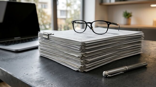 Stack of documents with eyeglasses and pen. Office desk with paperwork and laptop.
