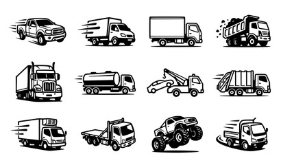 Obraz premium Truck vehicle transportation and delivery editable outline vector icon collection