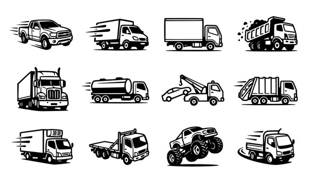 Truck vehicle transportation and delivery editable outline vector icon collection