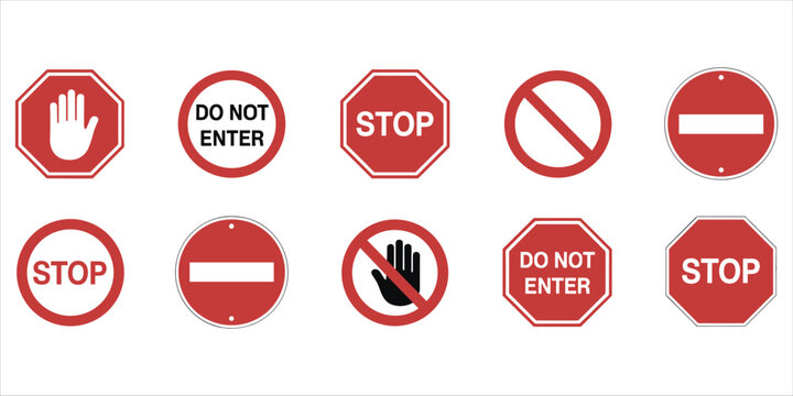 Assortment of ten red and white traffic signs including stop, do not enter, and no entry symbols prohibition