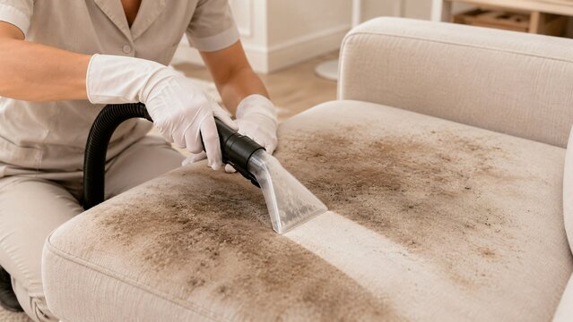 Woman cleaner using vacuum machine to wash sofa. Professional upholstery cleaning service removes dirt and stain from furniture. Home maintenance, hygienic disinfection and housekeeping concept.