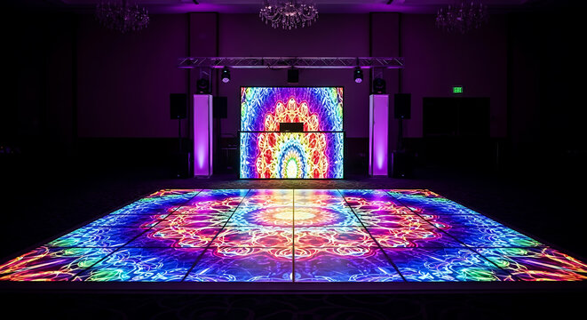 Vibrant led dance floor display with matching illuminated backdrop screen setup for event entertainment venue