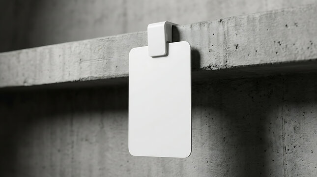 Blank White Retail Display Dangler Sign Hanging From Concrete Shelf In Modern Store Environment