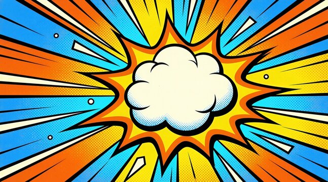 Retro comic book style explosion graphic with blank speech bubble. Bright yellow orange blue rays emanate outwards. Halftone dots add texture to this dynamic pop art design.