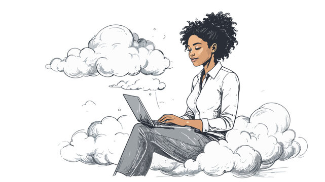 African american woman working on laptop on clouds
