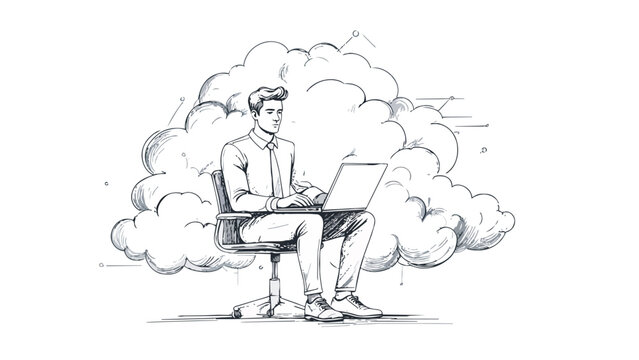 Professional man working on laptop in cloud computing