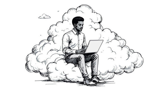Black man working on laptop on cloud, cloud computing
