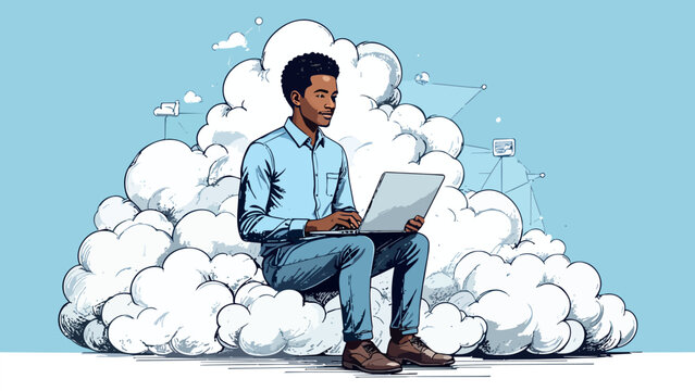 African american man using laptop on cloud platform