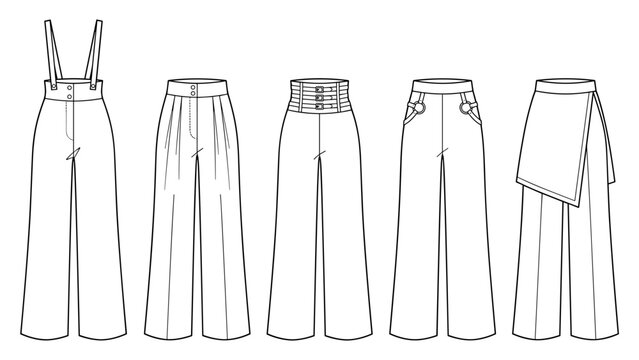 womens suspender and high waist pleated pants fashion flat sketch vector illustration