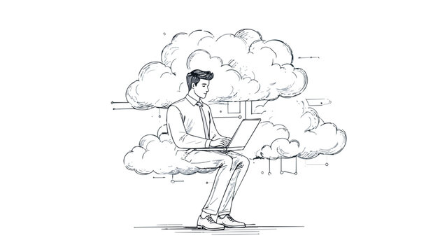 Professional man working on laptop in cloud computing