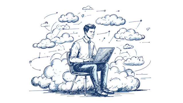 Professional working on laptop using cloud network