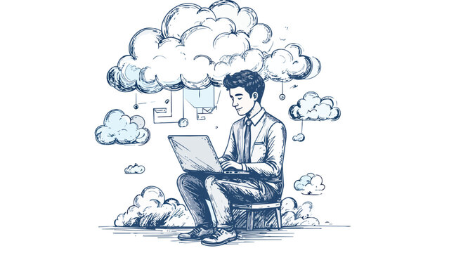 Man connecting to cloud computing network with laptop