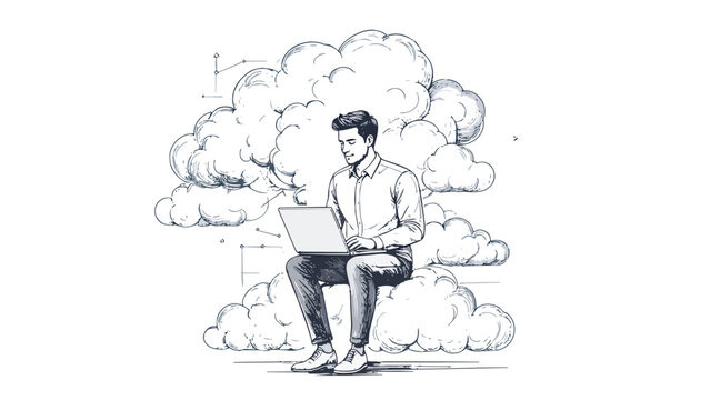 Professional man working on laptop in cloud computing