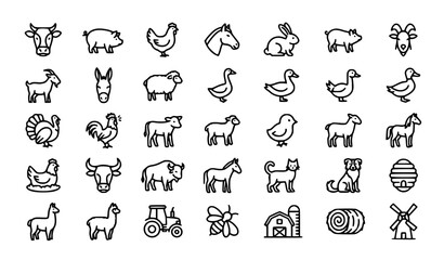 Farm Animals Thin Line Icon Set with Cow Pig Horse Sheep Chicken and Barn Editable Stroke Vector © MDSAMIUL