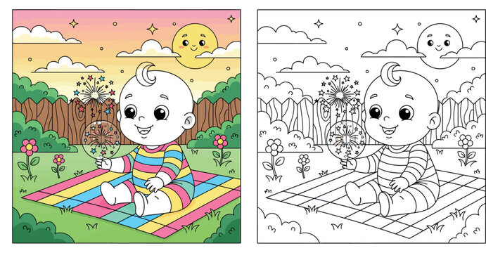 Cute Hand-Drawn Style Vector Illustration of a Smiling Little Boy in a Yellow Shirt Holding a Waving Rainbow