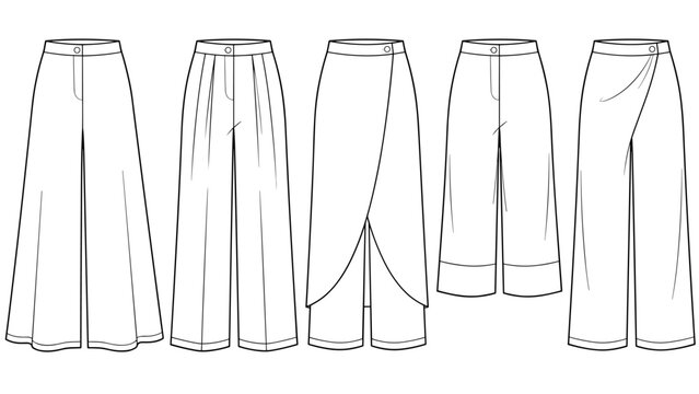 womens wide leg culottes and wrap trousers fashion flat sketch vector illustration