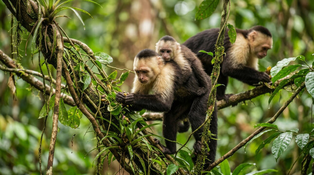 Capuchin monkey family feeding in a lush tropical rainforest canopy environment