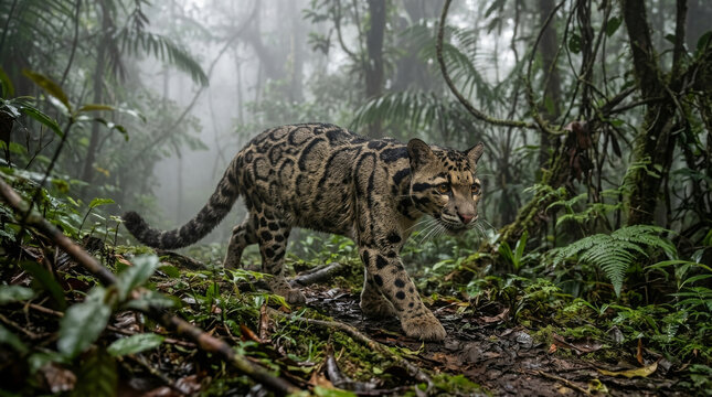 Clouded leopard walking through a dense misty tropical rainforest habitat