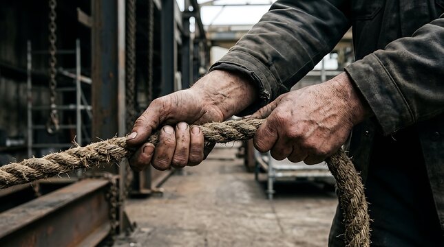 Industrial worker hands pulling thick hemp rope, manual labor in shipyard or construction site, gritty close-up of dirty hands gripping rope