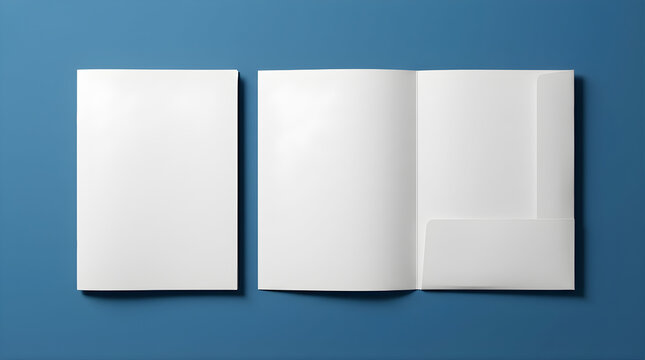 Two blank white paper presentation folders opened and closed on a flat blue background surface creating a clean and organized workspace composition