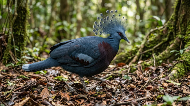 Western crowned pigeon walking on the rainforest floor in natural light