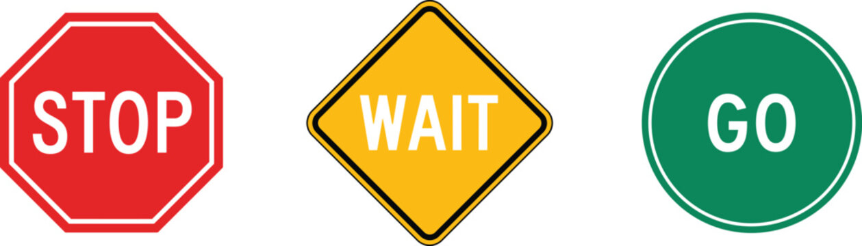 Three clear signs: red stop octagon, yellow wait diamond, and green go circle, presented on a white background, keywords: stop