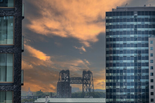 Urban Rotterdam Skyline with Industrial Bridge