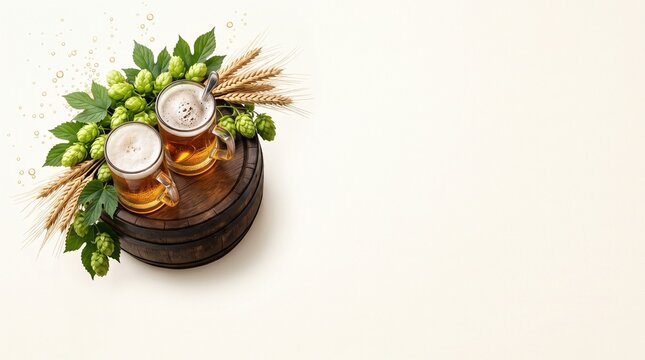 Two mugs of draft beer on wooden barrel with fresh hops and wheat on cream background