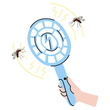 Hand holding electric mosquito swatter for insect control. Rechargeable bug zapper for mosquitoes, flies and household pest protection. Flat vector illustration isolated on white background.