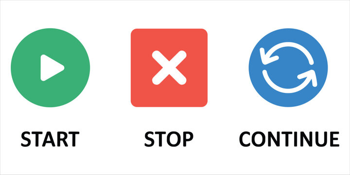 Three modern flat for digital interfaces: a green play button, a red square with a white cross, and a blue circular refresh