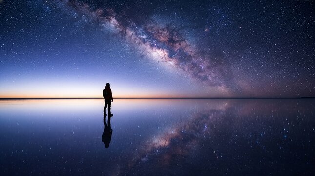 Person standing under starry night sky. Traveler watching the milky way galaxy reflection.