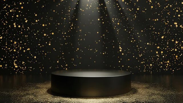 Black cylinder podium stage illuminated by spotlight with golden glitter particles falling in an elegant, luxurious presentation for awards, products, and ceremonies