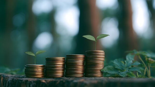 Stacks of coins arranged in ascending order with small green plants growing from each pile on a wooden surface