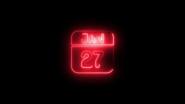 a glowing Neon calendar date january 27 glowing red sign 4k animation on black background