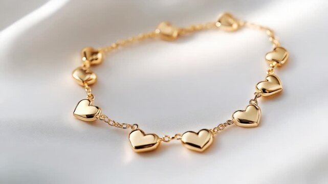 Golden heart charm bracelet reflecting soft light on a luxurious white silk background, a perfect romantic jewelry gift for valentine's day, wedding, or anniversary