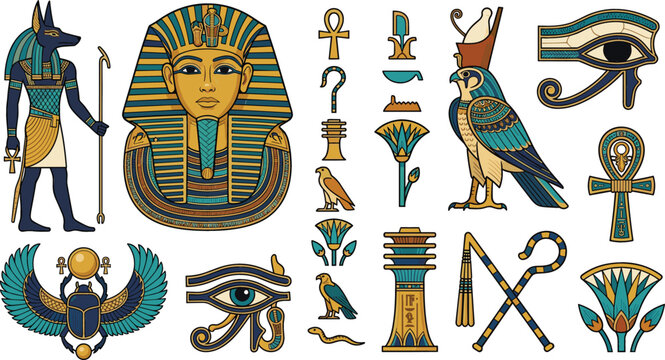 Ancient Egyptian Mythology Vector Set with King Tut Pharaoh Mask Anubis Horus Eye of Ra Symbols for Graphic Designs