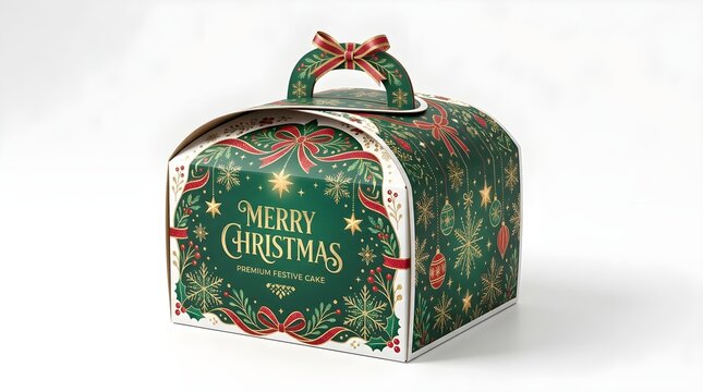 Festive Holiday Cake Box Packaging Mockup on White Background with Christmas Decorations