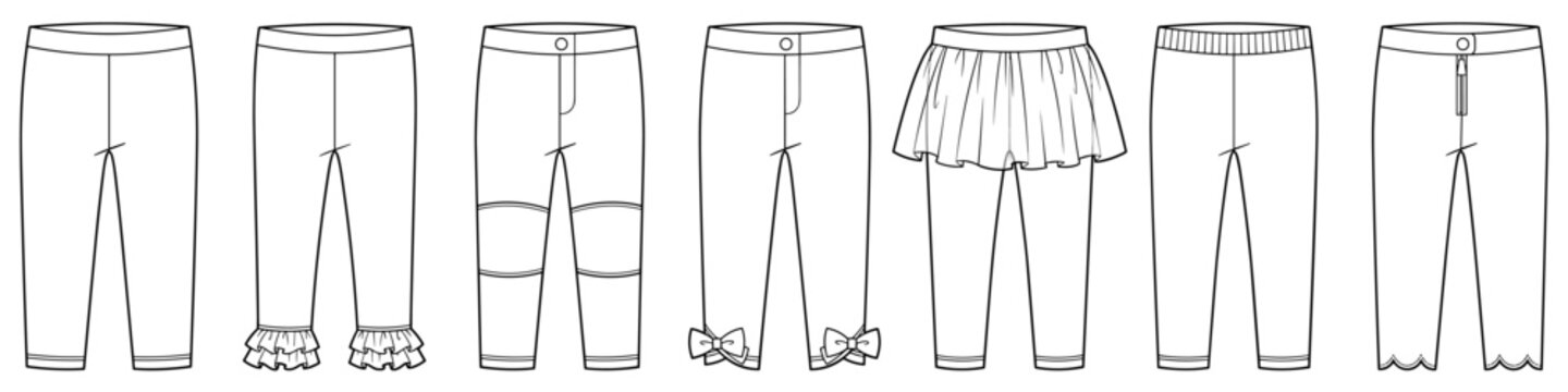 flat sketch set of kids and toddler playwear leggings vector illustration