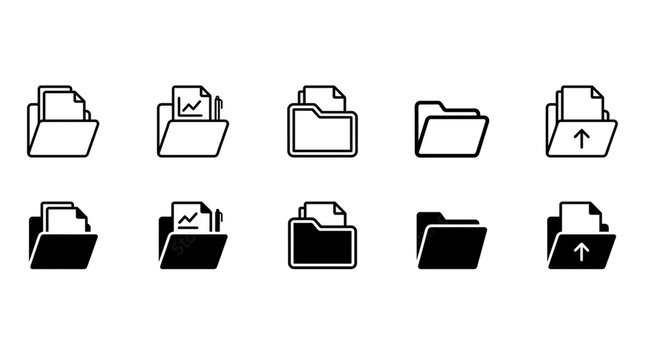 Set of various folder icons with documents and upload symbol